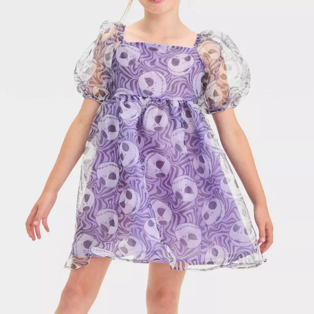 Girl’s Jack Skellington Puff Sleeves Purple dress size Large 10/12